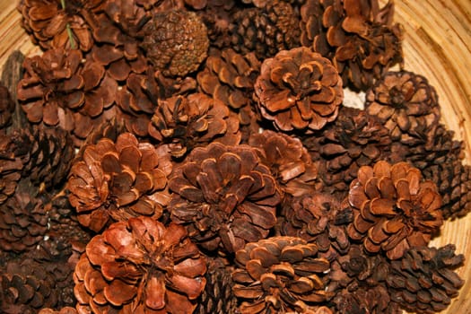 A group of pine cones in a wooden bowl