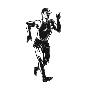 Scratchboard style illustration of an athlete race  walker walking or racewalking, a long-distance discipline within the sport of athletics done on scraperboard on isolated background.