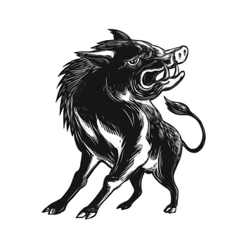 Scratchboard style illustration of an angry wild hog, feral pig, wild boar or razorback roaring viewed from low angle in front done on scraperboard on isolated background.