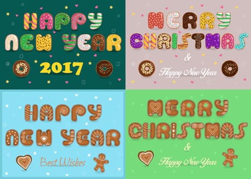 Greeting christmas and new year cards. Artistic fonts. Texts Merry Christmas, Happy New Year. Best wishes. Cookies and donuts