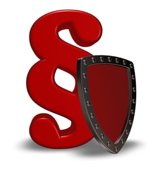 paragraph symbol and protective shield made of metal - 3d illustration