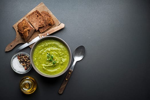 Fresh healthy vegetables green soup overhead shoot