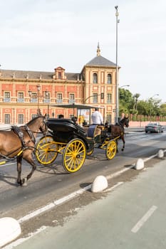 SEVILLE, SPAIN - CIRCA OCTOBER 2017: Typical Andalusian horses with carriages.