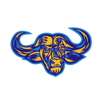 Retro style illustration of head of an African buffalo or Cape buffalo, a large African bovine, viewed from front on isolated background.