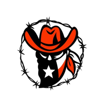 Icon style illustration of a Texan outlaw or bandit wearing a mask with Texas flag framed with a circular barb wire on isolated background.