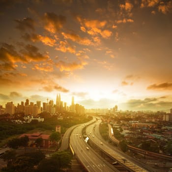 Malaysia capital city landscaped scenary. Kuala Lumpur skyline view in sunset view, square composition.
