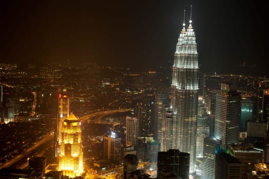 Night Aerial View of Kuala Lumpur skyline, capital city Malaysia, Southeast Asia.