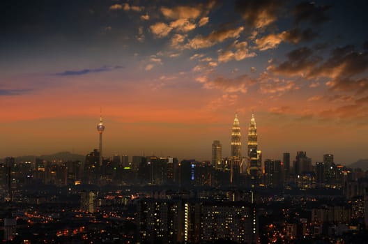 The capital of Malaysia, Kuala Lumpur city skyline in sunset view.