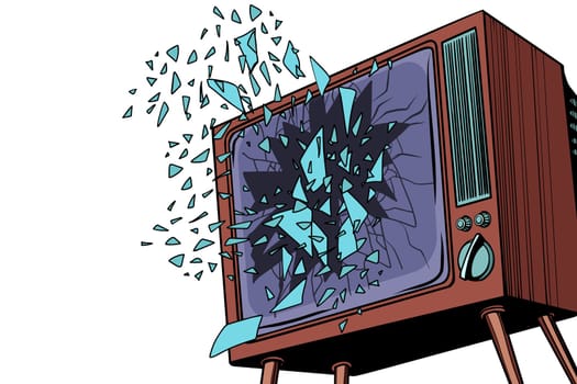 TV explodes, broken screen. Pop art retro vector illustration