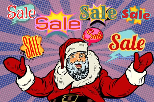 Christmas sale background with Santa Claus. Pop art retro vector illustration