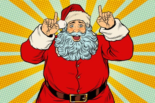 Santa Claus pointing finger up. Christmas and New year. Pop art retro vector illustration