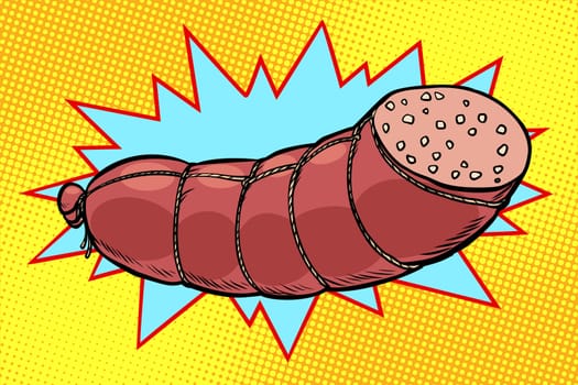 boiled sausage, farm product. Pop art retro vector illustration
