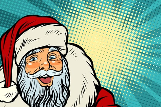Closeup of happy Santa Claus face. Pop art retro vector illustration