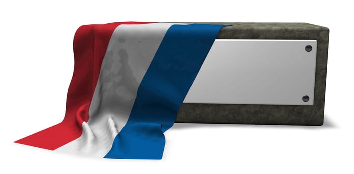 stone base with empty shield and flag of the Netherlands - 3d rendering