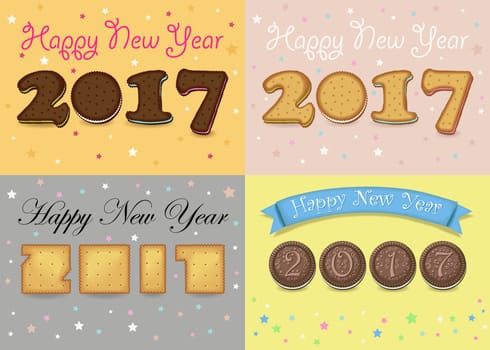 Happy New Year 2017. Cookies font. Numerals are as sweet cookies, chocolate biscuits and crackers. Colorful backgrounds with stars.  illustration