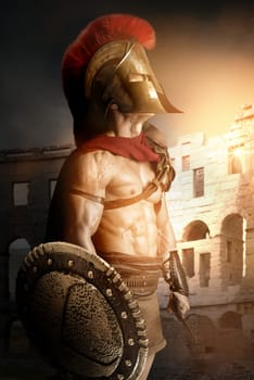 Ancient warrior or Gladiator posing in the arena