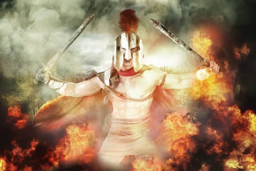 Ancient warrior or Gladiator in a battle amongst flames
