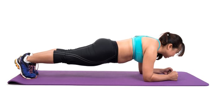 chubby woman doing fitness on white background