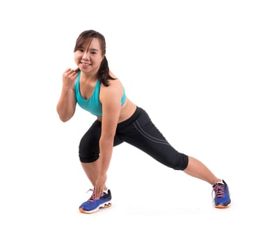 chubby woman doing fitness on white background