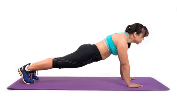 chubby woman doing fitness on white background