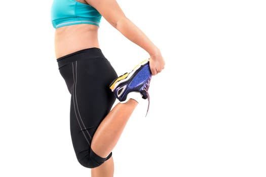 chubby woman doing fitness on white background