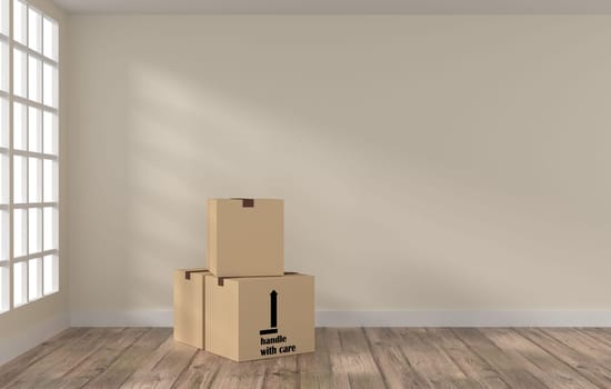 Bright room with three cardboard boxes, moving or new home concept, 3d rendering