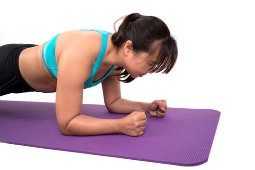 chubby woman doing fitness on white background
