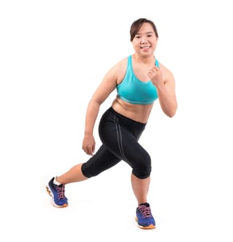 chubby woman doing fitness on white background