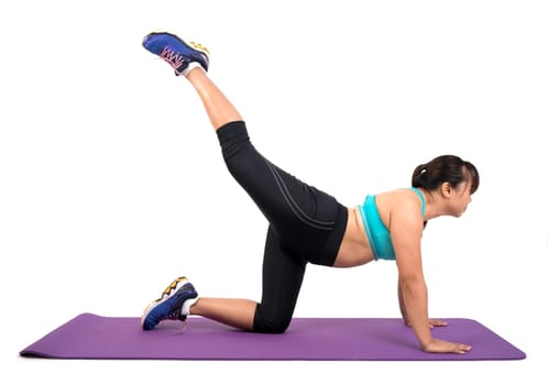 chubby woman doing fitness on white background