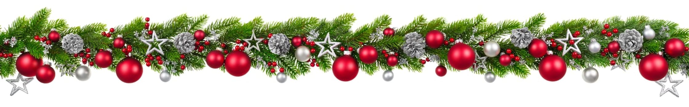 Extra wide Christmas border with hanging garland of fir branches,red and silver baubles,pine cones and other ornaments,isolated on white