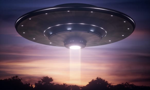 3D illustration. Spacecraft alien floating over the trees with tractor beam.