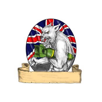 Tattoo style illustration of a white wolf holding a bomb with British UK Union Jack flag set inside circle.