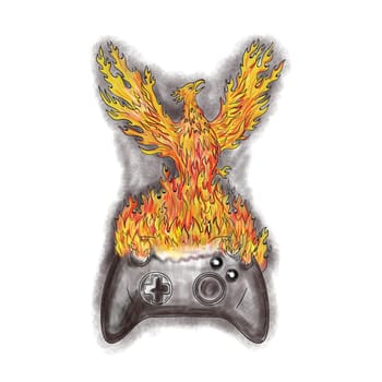 Tattoo style illustration of a phoenix bird rising from fire ashes on game controller.