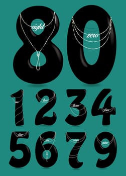 Set of Black Numbers with Pearl Necklaces and Texts. One, two, three, four, five, six, seven, eight, nine, zero. Illustration