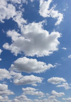 Cloudy blue sky. Numerous white and gray clouds