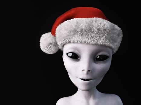3D rendering of a smiling alien wearing a Santa hat for Christmas. Black background.