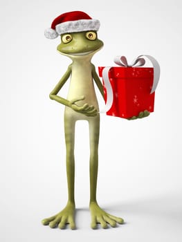 3D rendering of a smiling, cartoon frog wearing a Santa hat and holding a Christmas present. White background.