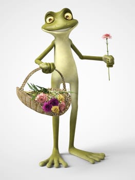 3D rendering of a smiling, cartoon frog holding a carnation in one hand and a basket of carnation flowers in the other. White background.