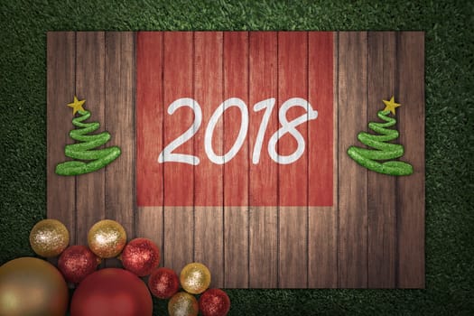 Christmas tree and 2018 number on wooden board on the grass