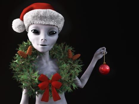 3D rendering of a smiling alien wearing a holiday wreath and Santa hat for Christmas. Black background.