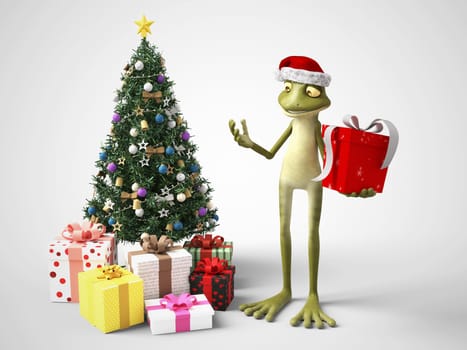 3D rendering of a smiling, cartoon frog wearing a Santa hat and holding a Christmas present. He stands beside a Christmas tree with gifts under it. White background.
