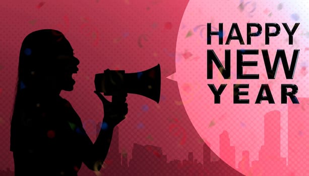 Silhouette of business woman talking in megaphone with Happy New Year message on pink background