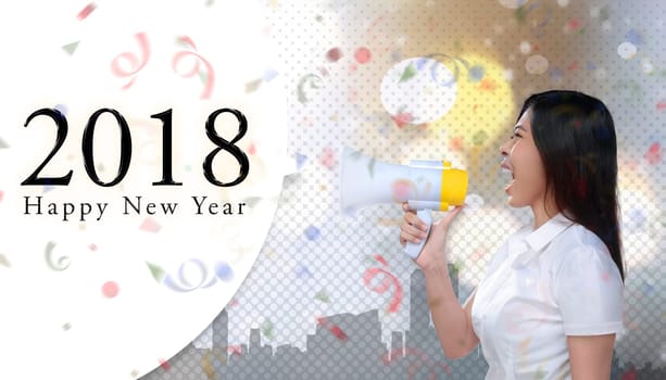 Image of asian business woman shout 2018 happy new year