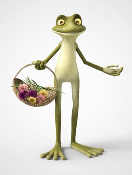 3D rendering of a smiling, cartoon frog holding a basket of carnation flowers. White background.
