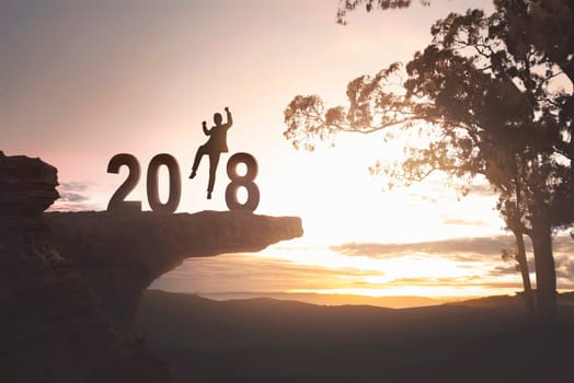 Silhouette excited businessman for Happy New Year 2018 on sunset background