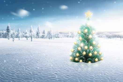 Beautiful decoration of christmas tree with yellow balls at snowy field