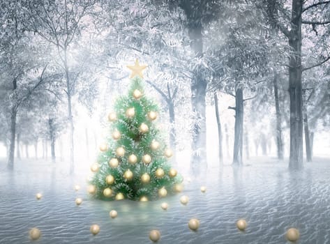 Beautiful decoration of christmas tree with yellow balls at snowy forests