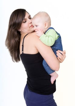 Mother carries her child on her arm,background white