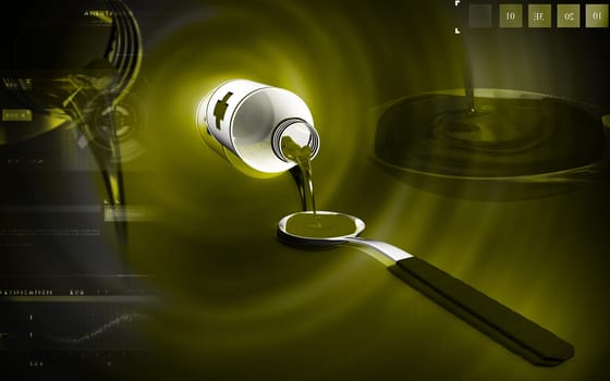 Digital illustration of medicine with spoon in colour background