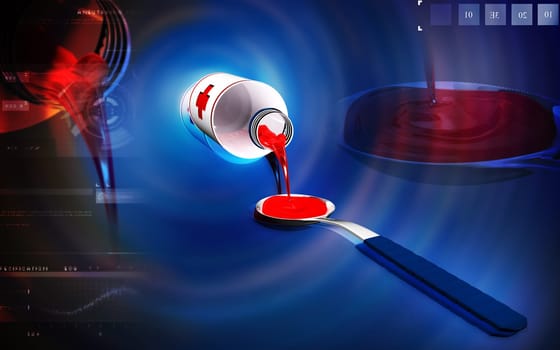 Digital illustration of medicine with spoon in colour background